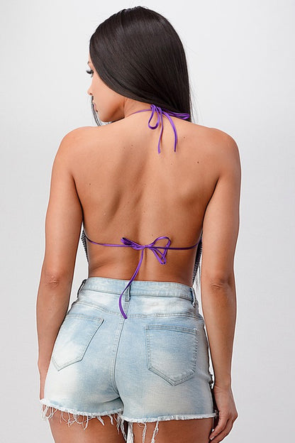 Metallic Rhinestone Backless Cowl Purple Crop Top