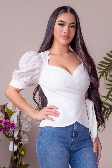 Sleeve Lace Sweetheart Neckline Wrap Around Top - Palazzo Couture Online