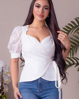 Sleeve Lace Sweetheart Neckline Wrap Around Top - Palazzo Couture Online