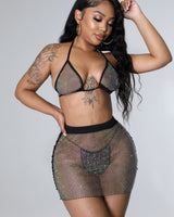Black two piece skirt set – matching top and high‑waisted fishnet skirt in black