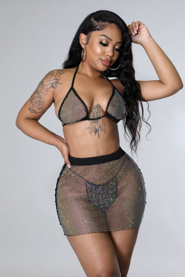 Black two piece skirt set – matching top and high‑waisted fishnet skirt in black