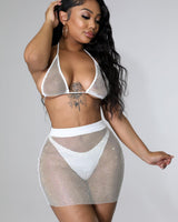 White two piece skirt set – triangle top and high-waisted fishnet skirt