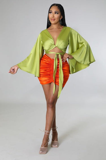 Tie Front Satin Blouse (Kiwi) - Palazzo Couture Online