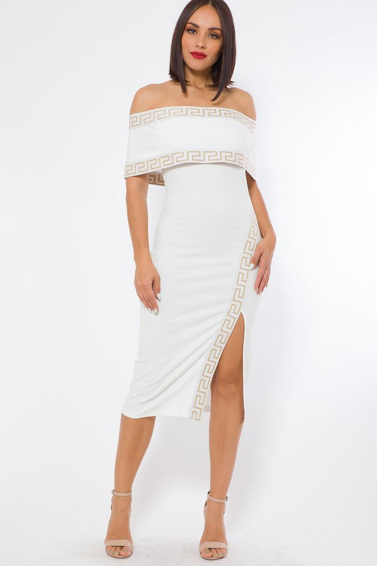 Greek Border Pattern Off Shoulder Midi Dress (white)